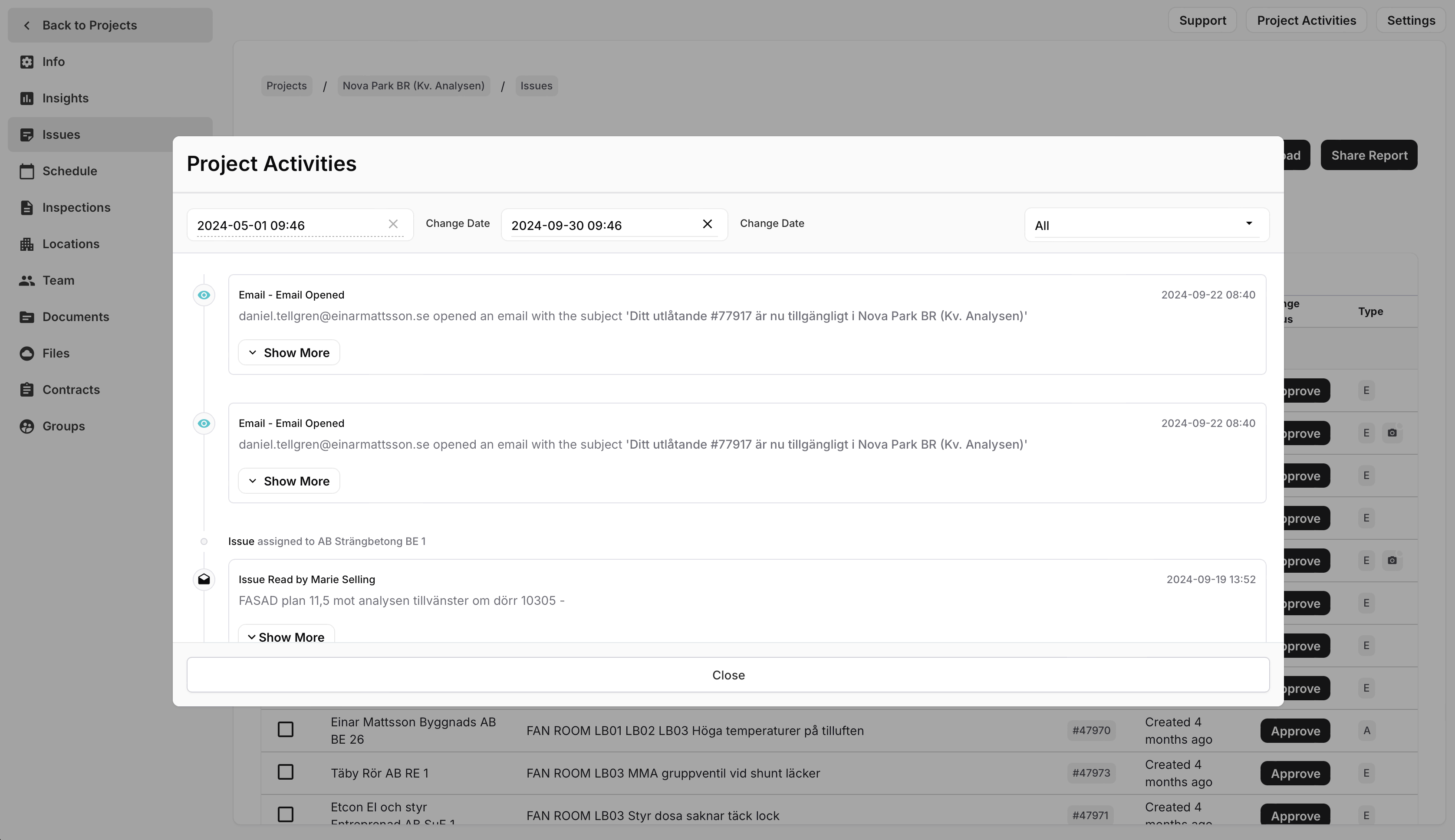 iSpect project activity modal 2023